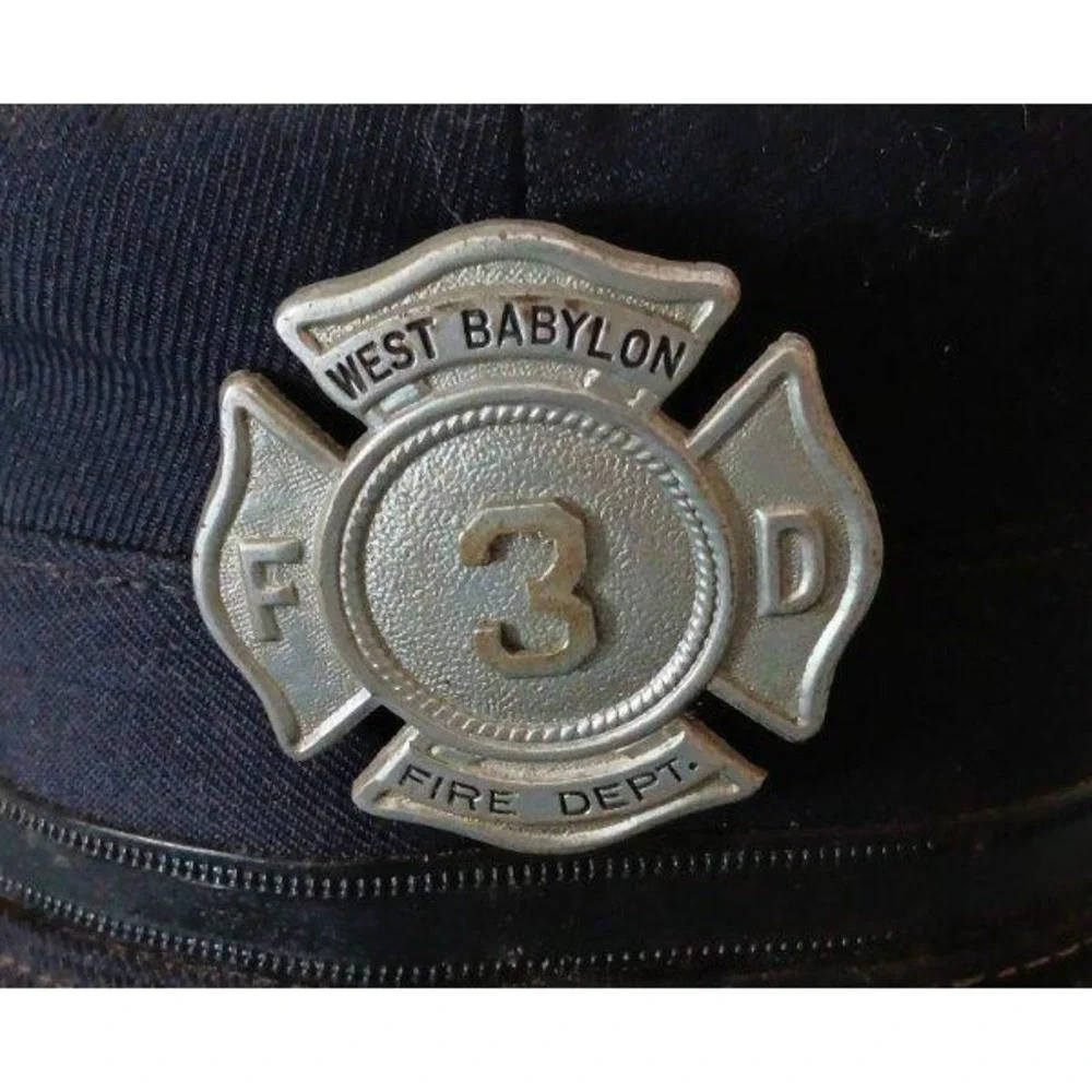 Vintage West Babylon NY Fire Dept Hat & Badge Engine 3 Obsolete